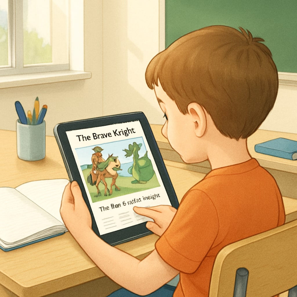 Child reading storybook on Android tablet using children's reading app.