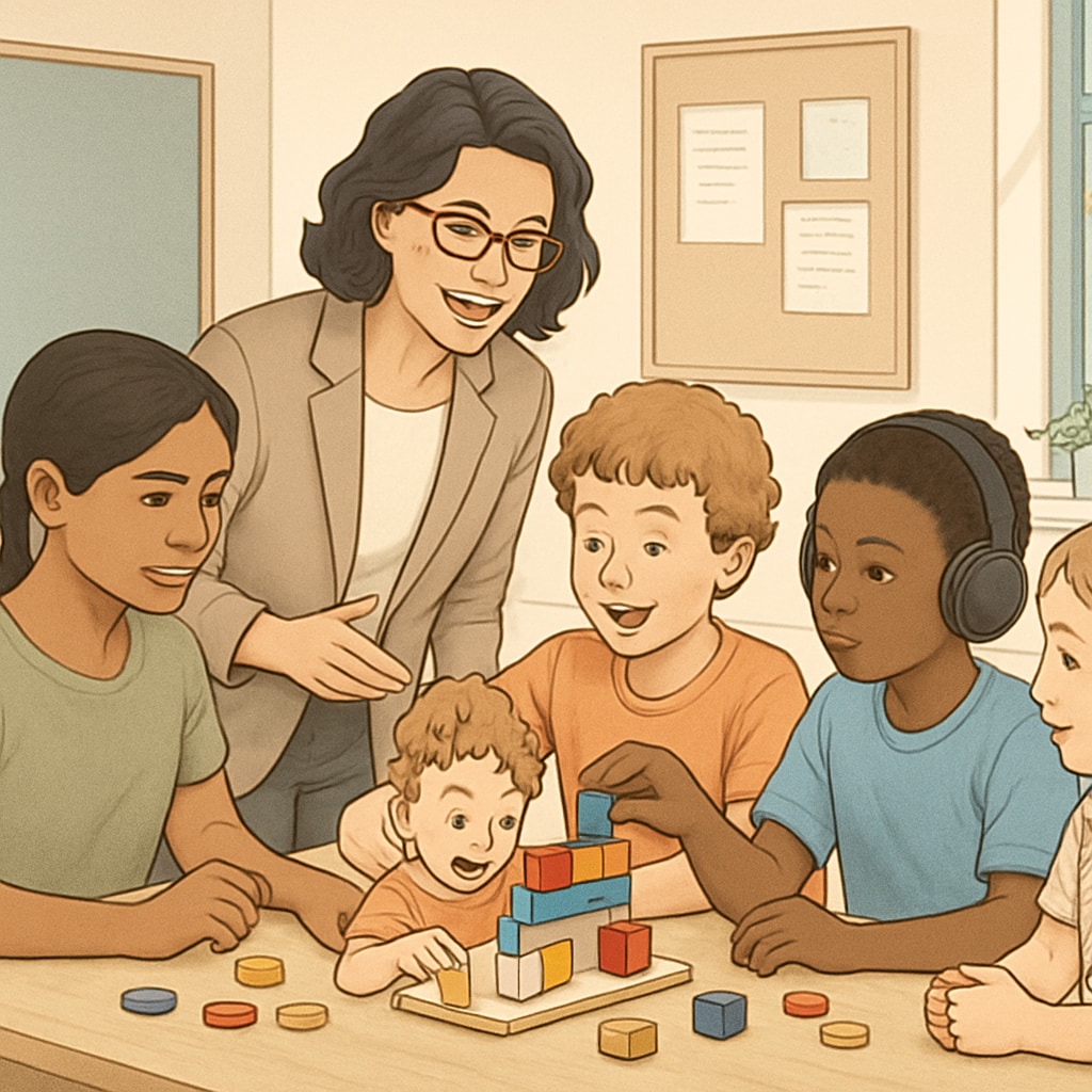 A teacher engaging with diverse students, including ADHD learners, during a hands-on activity. Teacher supporting ADHD students in a creative classroom activity.