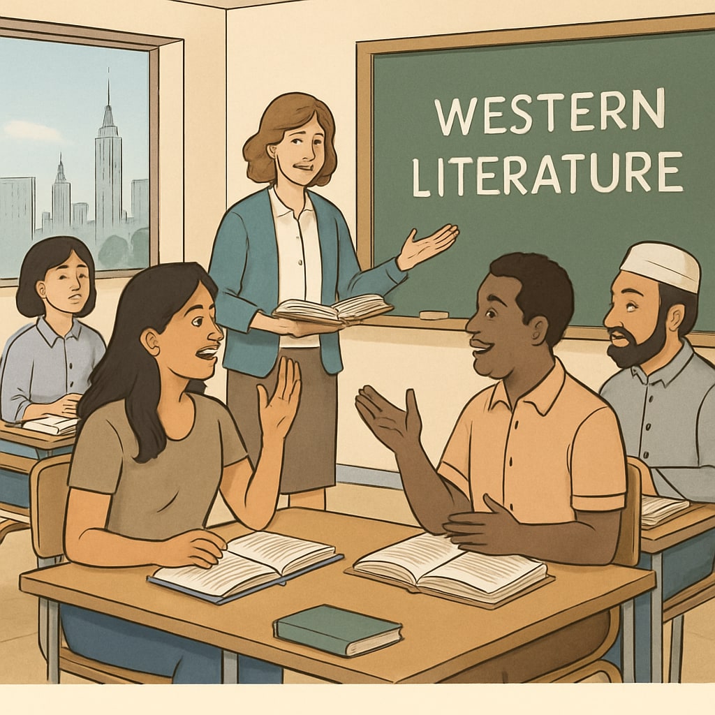 Adult education classroom in NYC with foreign students discussing Western literature.