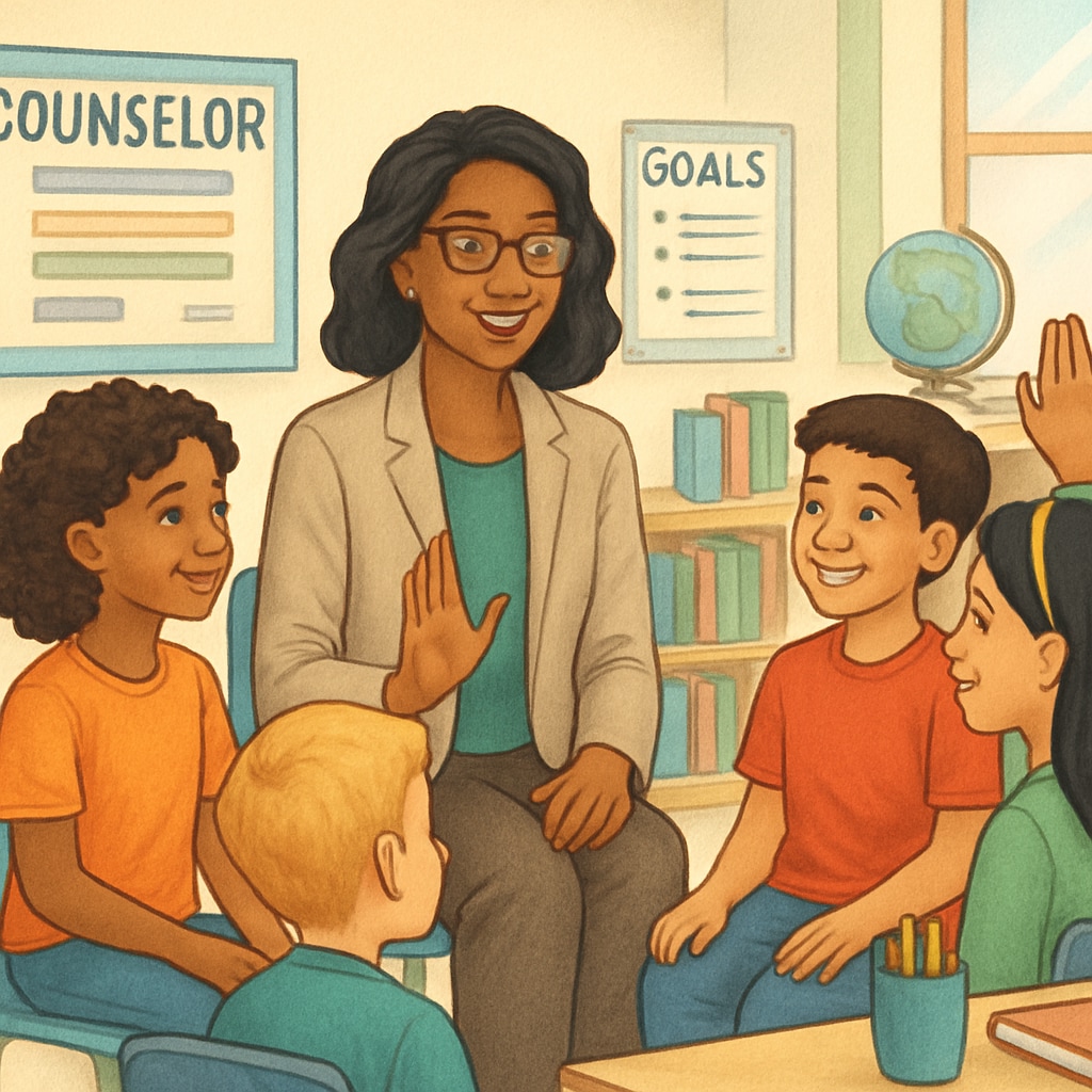 School counselor interacting with students in a group session.