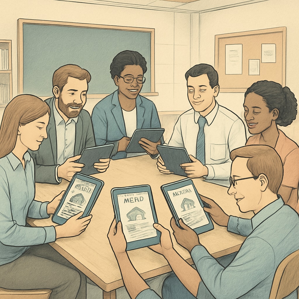Parents and teachers testing children's reading app on Android tablets.