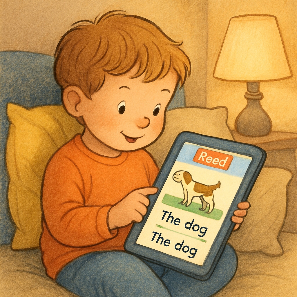 A child interacting with a tablet reading app in a cozy environment. This visual highlights the app's intended use for young readers in comfortable settings. Child using children's reading app on a tablet