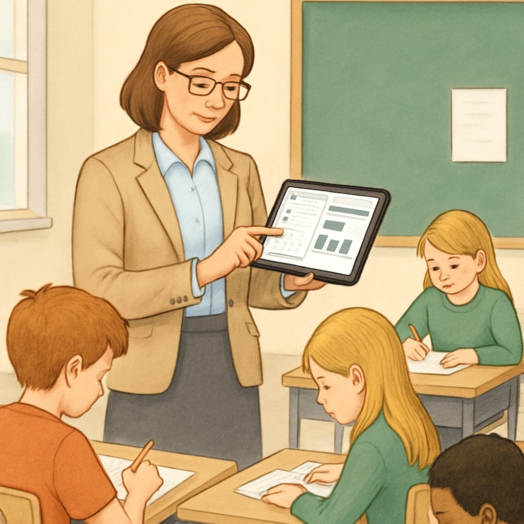 A teacher using digital assessment tools in a classroom setting to evaluate student performance. Digital assessment tools for K12 students being utilized by a teacher.