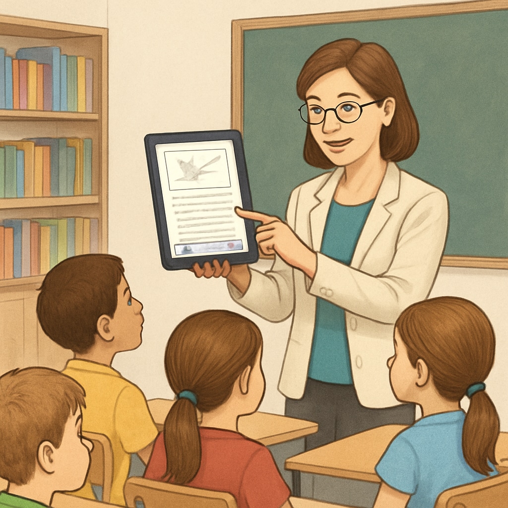 An educator showing a tablet reading app to a group of children in a classroom. This image emphasizes the app's application in educational environments. Educator demonstrating children's reading app to students