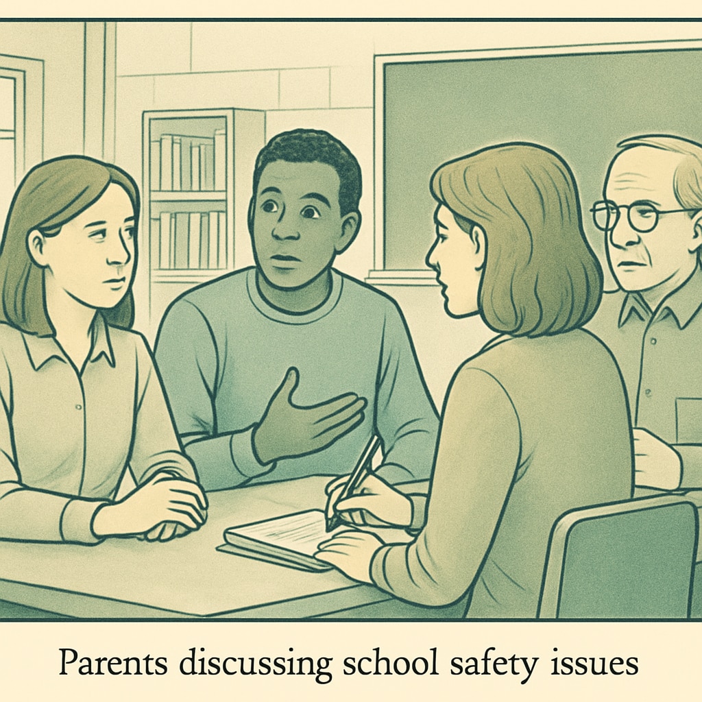 A concerned parent group discussing school safety issues, symbolic of community action. Concerned parents discussing school board safety and child protection.