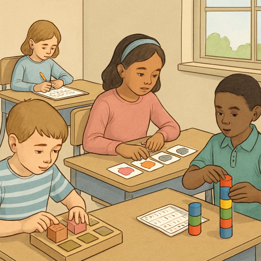 A professional image depicting children engaging in cognitive evaluation tests, suitable for illustrating intelligence assessments. Children engaged in cognitive evaluation tests for intelligence assessment