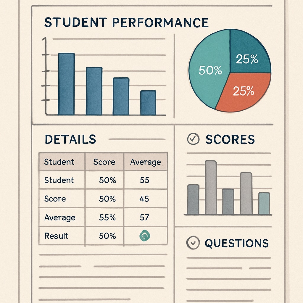 A detailed report generated by an educational assessment platform showing student performance metrics. Detailed student performance report generated by an assessment tool.