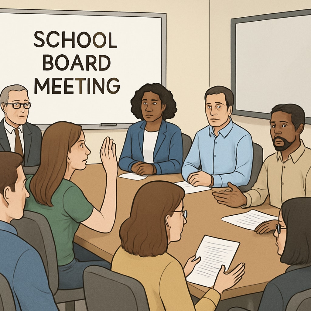 A school board meeting where parents are actively participating, highlighting transparency and safety concerns. Parents engaging in a school board meeting to ensure child safety and accountability.