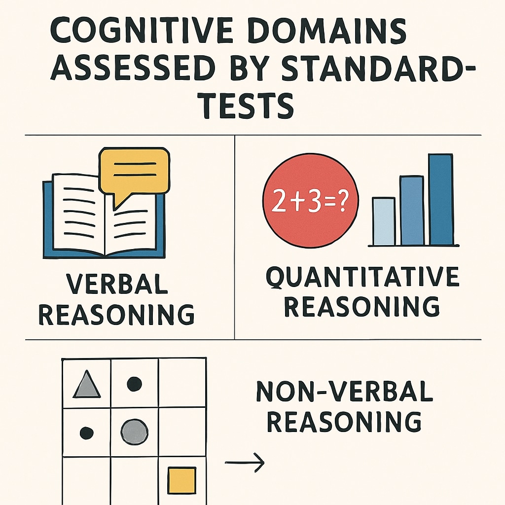 A graphical representation of cognitive domains assessed by standardized tests, such as verbal, quantitative, and non-verbal reasoning. Graphical representation of cognitive domains in standardized tests