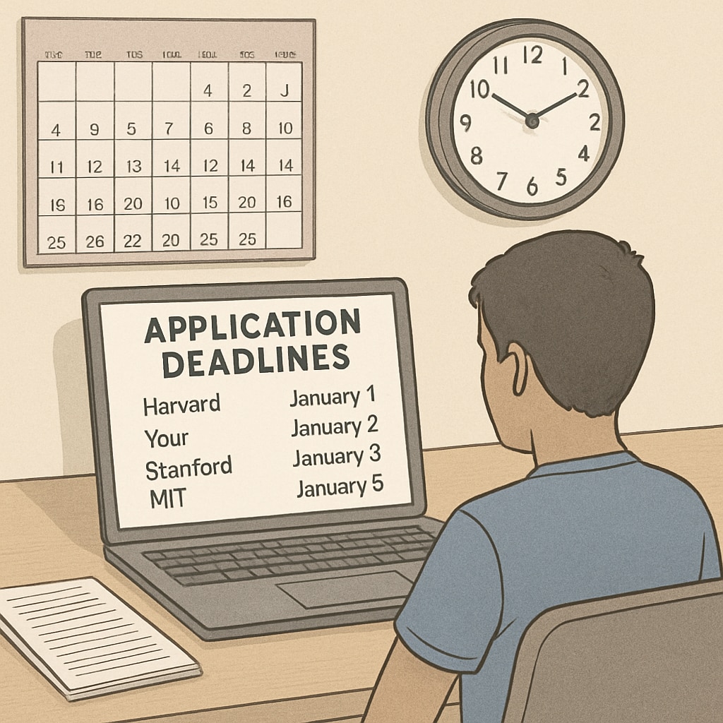 A student reviewing application deadlines for US universities on a laptop, emphasizing the importance of timing in the application process. Student checking US university application deadlines for master's program.