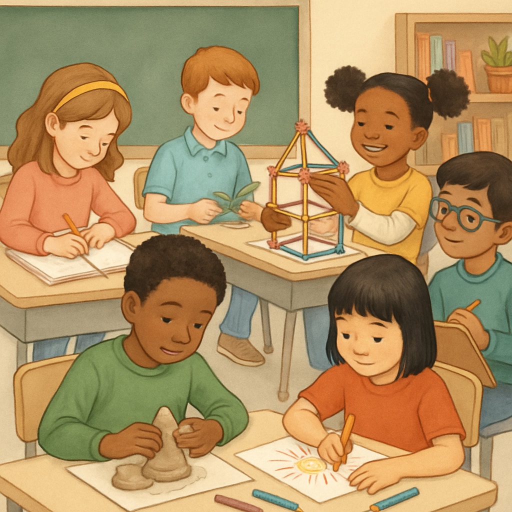 A classroom setting with children working on creative projects, highlighting diversity in learning styles. Children working on creative projects in a classroom setting, emphasizing diverse learning styles.
