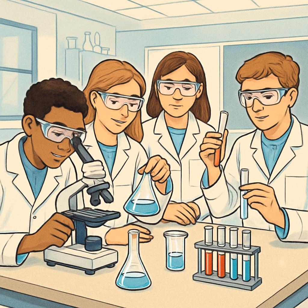 A group of high school students engaged in a science lab experiment, symbolizing the increased focus on STEM education in preparation for university High school students conducting a science experiment in a lab, reflecting STEM education focus