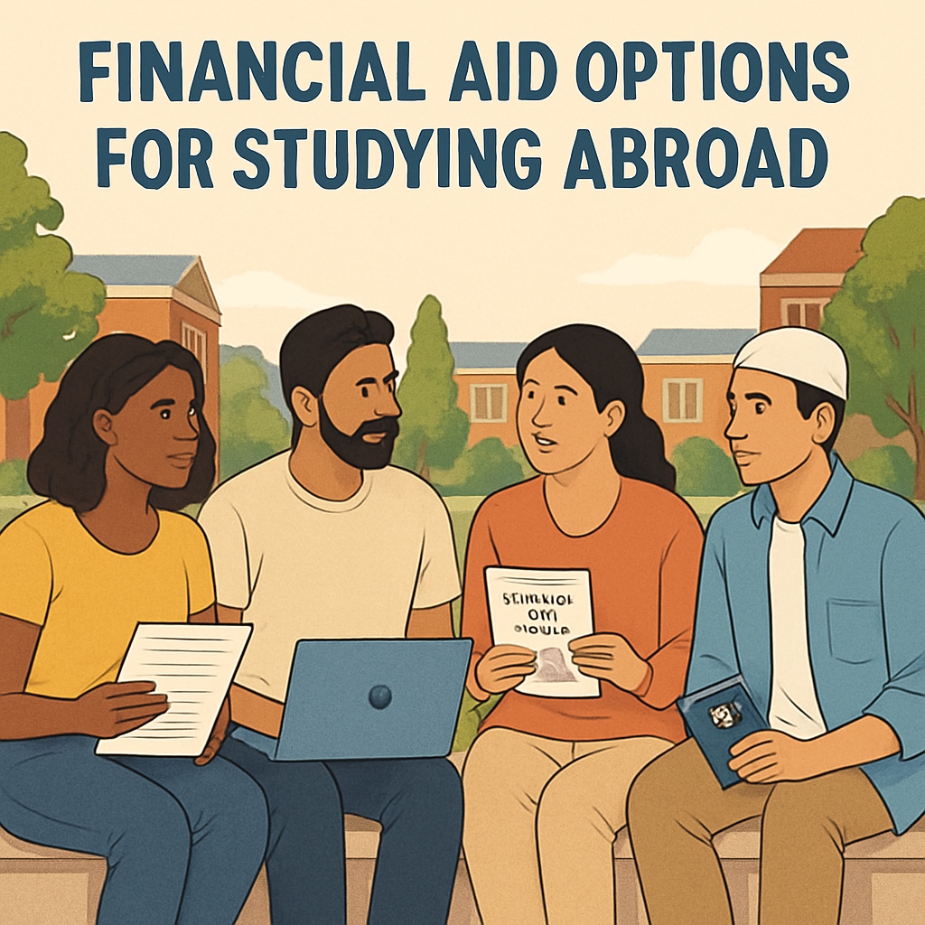 A group of international students discussing financial aid options at a university campus, highlighting financial and cultural considerations for studying abroad. International students discussing financial aid for US master's degrees.