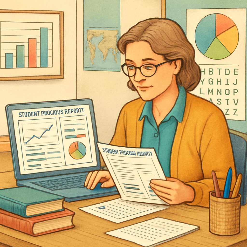 A teacher reviewing personalized student progress reports using EdChanger Pro on a laptop. Teacher analyzing student progress data on EdChanger Pro.