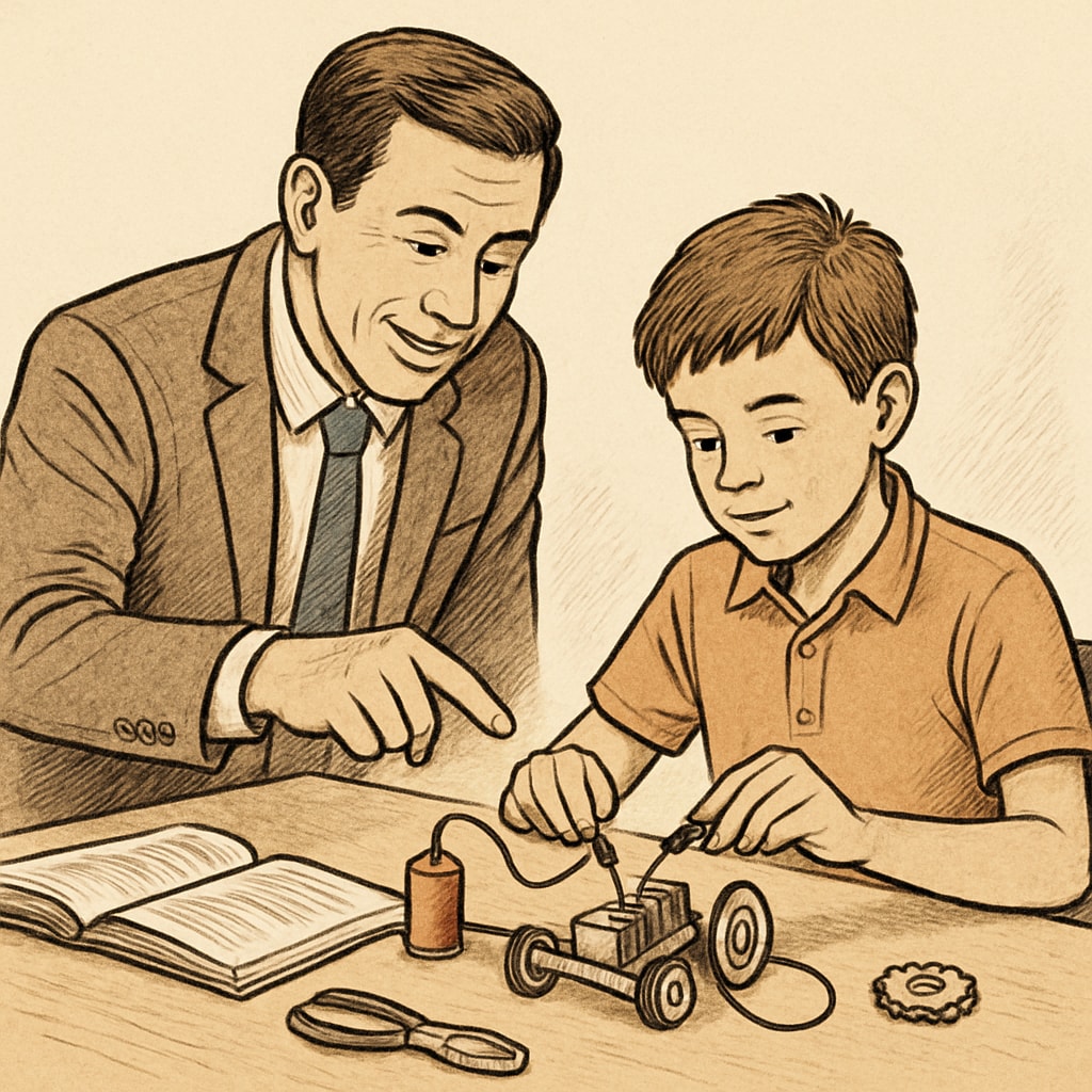 A teacher interacting with a student who is working on a hands-on STEM project, illustrating personalized learning approaches. Teacher guiding a student on a STEM project, showcasing personalized learning for ADHD students.
