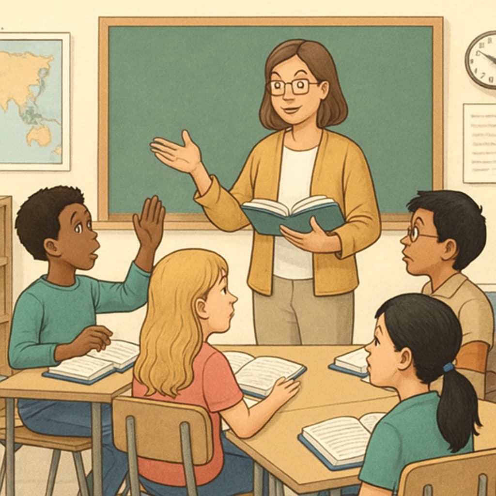 A teacher guiding a diverse group of students in a classroom discussion, reflecting the challenges of inclusive and balanced education A teacher leading a classroom discussion with diverse students, symbolizing inclusive education challenges