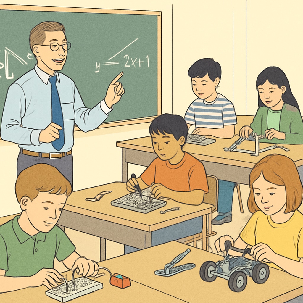 A classroom with students working on technical projects while a teacher integrates traditional math concepts into the activity. This image highlights the intersection of technical and academic learning. Students engaging in technical projects with integrated math concepts in a classroom setting.