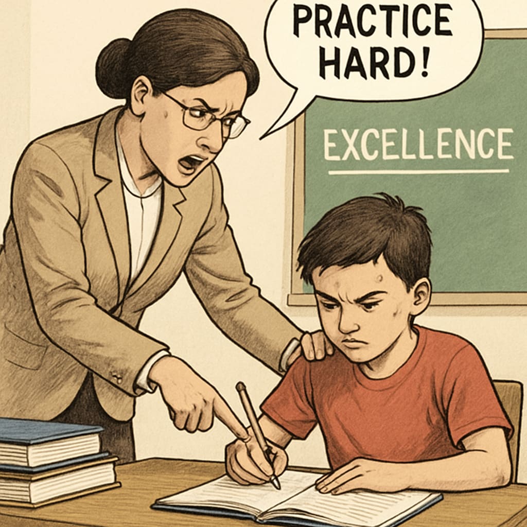 *Whiplash* teacher pushing student to extreme limits, symbolizing strict educational methods.