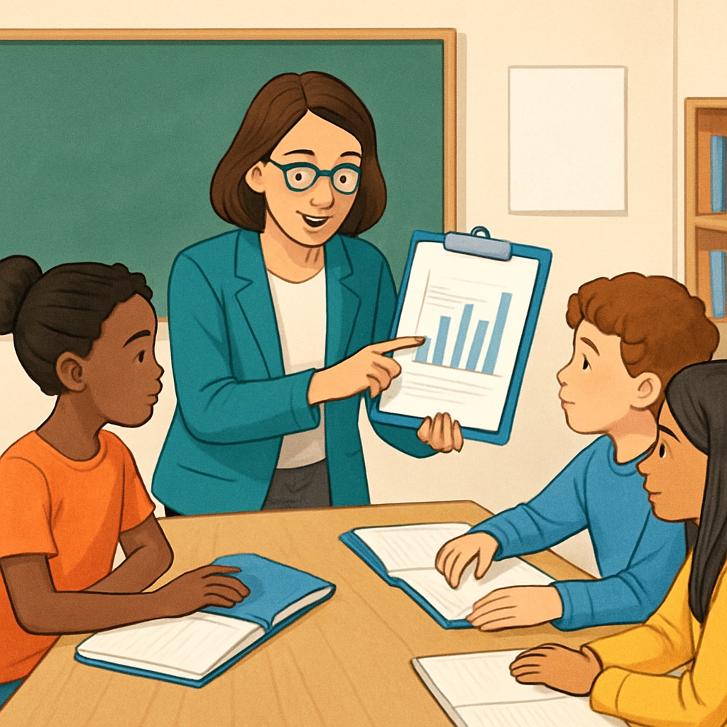 A teacher reviewing assessment results with a group of diverse students. Teacher discussing assessment results with students to improve learning outcomes.
