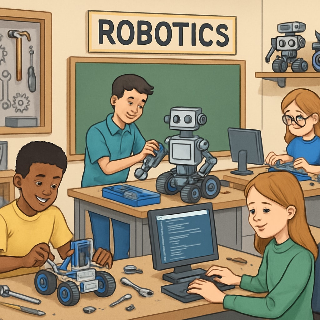 Students in a robotics class using programming and engineering concepts learned in traditional STEM courses to build functioning robots. This image demonstrates hands-on learning within a CTE program. Robotics students applying STEM principles to build robots in a hands-on classroom environment.