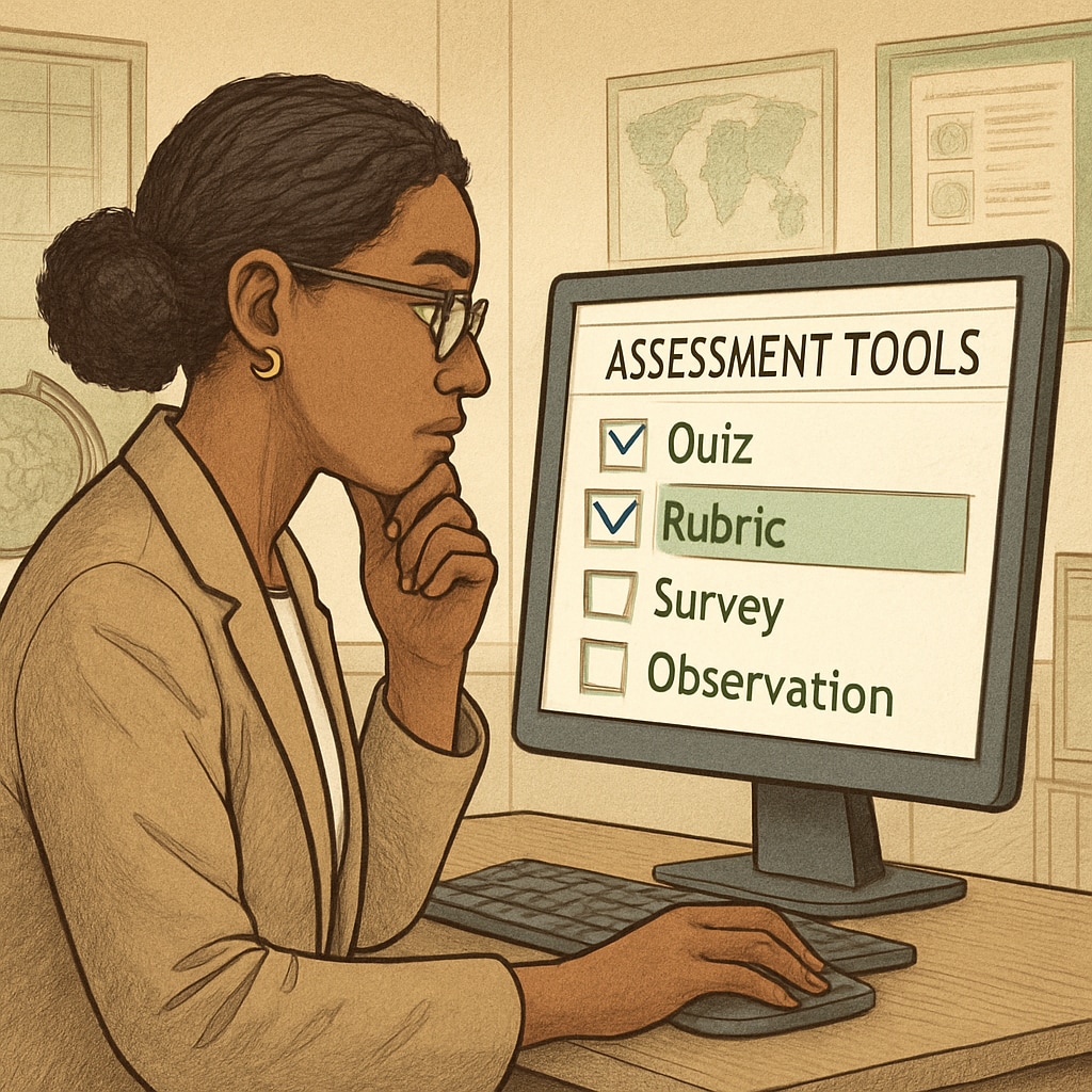 An educator using an online platform to select assessment tools for a diverse classroom. Educator evaluating online assessment tools for K-12 education.