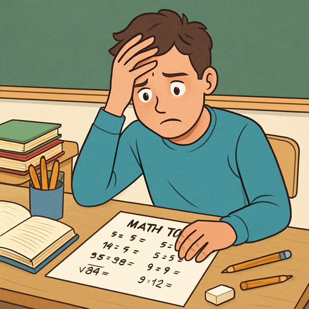 A student sitting at a desk, visibly stressed while looking at a math test paper. Student experiencing math test anxiety, multiple-choice challenges, and academic pressure.
