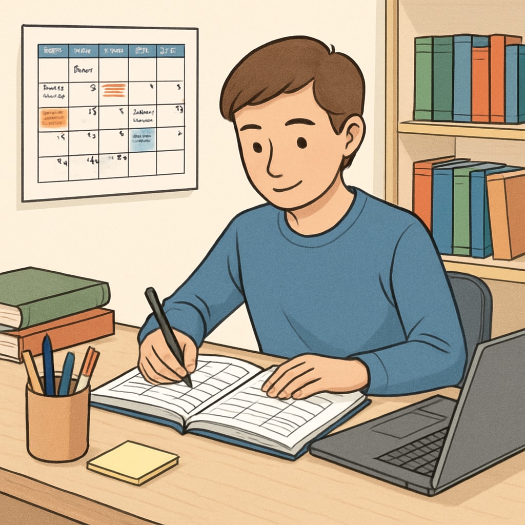 A student planning their academic and extracurricular schedule to prepare for U.S. master’s applications. Student planning for U.S. master’s applications with a schedule and notes.