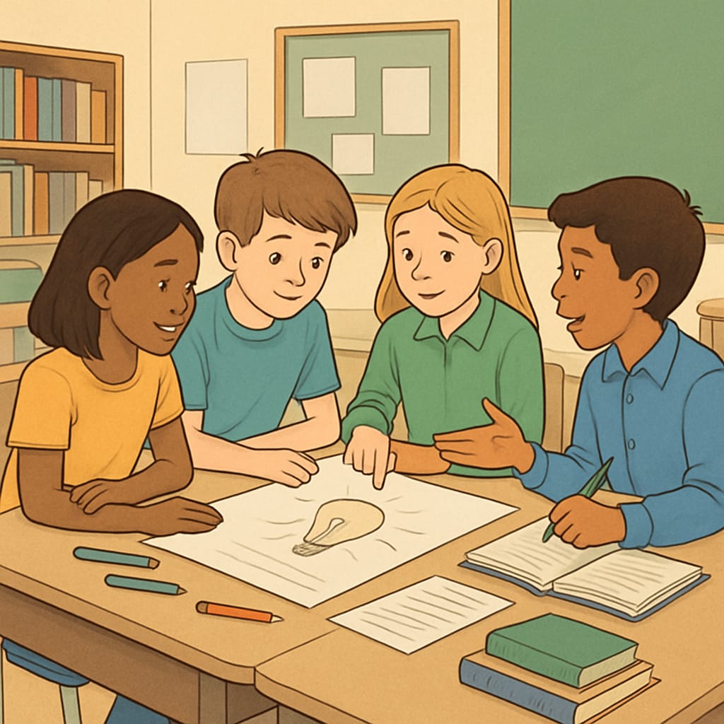 Illustration showing students collaborating on a creative classroom project, highlighting teamwork and problem-solving as part of holistic education metrics. Students working on a collaborative project demonstrating alternative learning metrics.