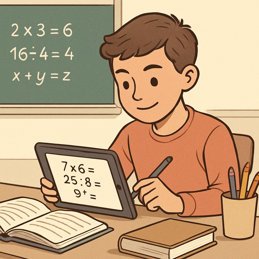 A student practicing math problems on a tablet, showcasing confidence and focus. Student overcoming math anxiety through practice and preparation techniques.