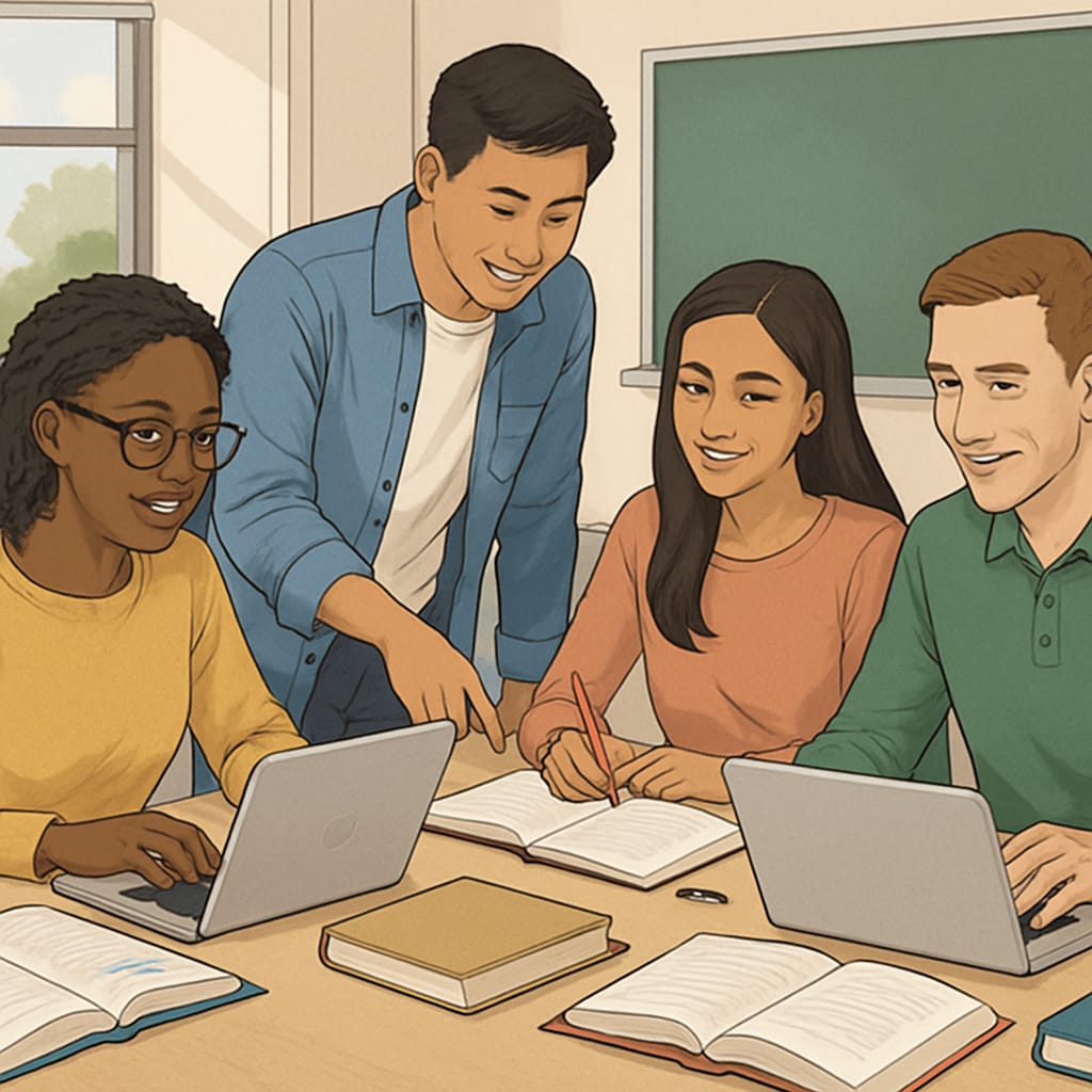 A diverse group of international students collaborating in a U.S. university setting. International students engaging in group work at a U.S. university.