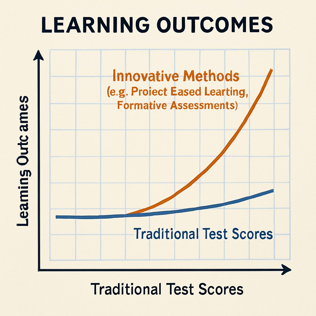 A graph contrasting traditional test scores with new methods like project-based learning and formative assessments, illustrating their impact on learning outcomes. Graph comparing traditional test scores and innovative assessment methods.