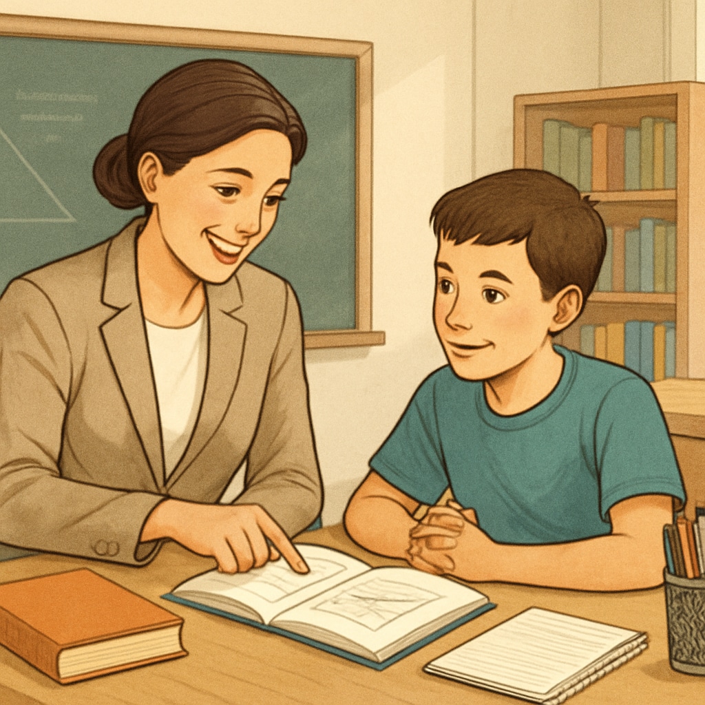 A teacher in a classroom encouraging a student while reviewing their progress, representing the importance of care in education. A teacher encouraging a student, highlighting care in education methods.
