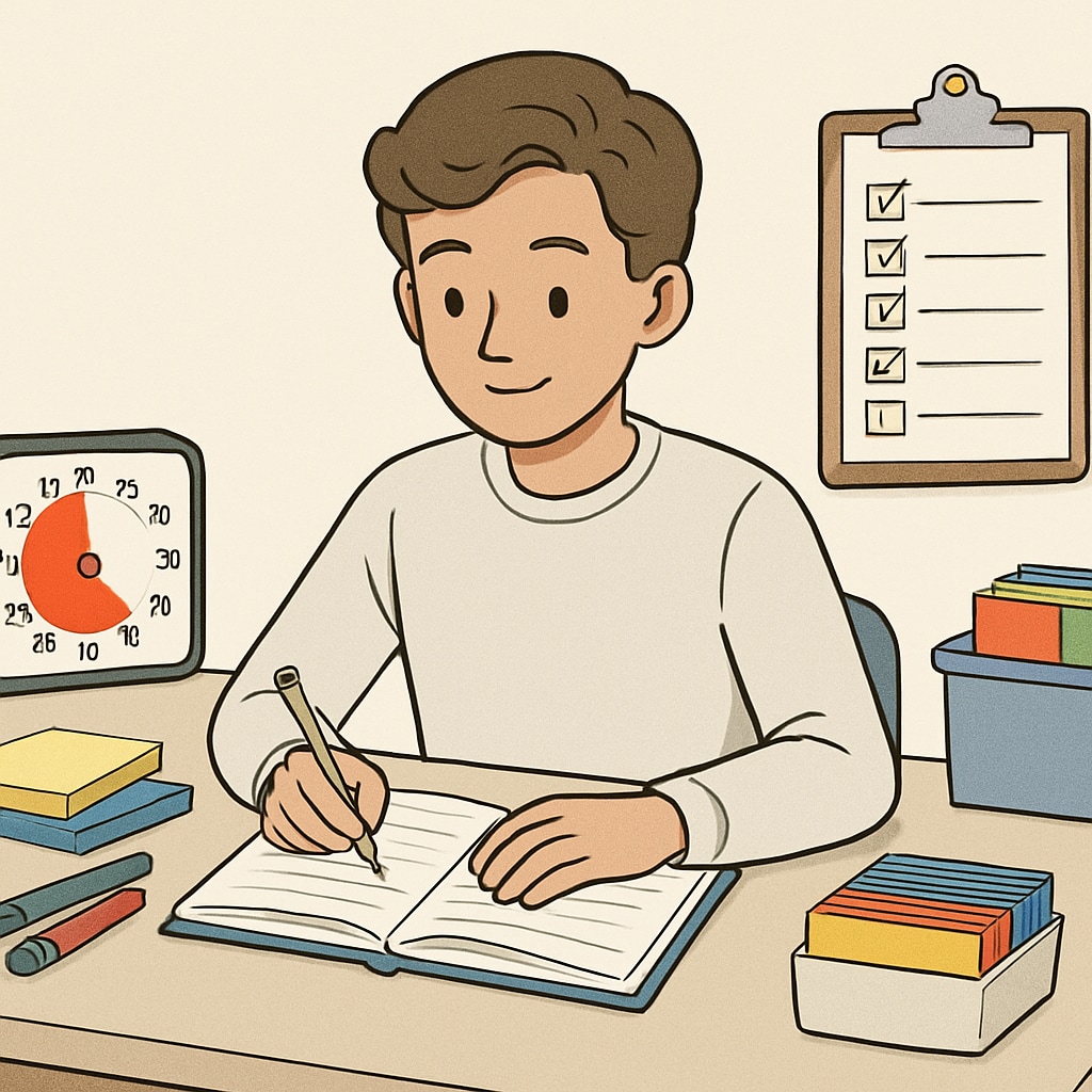 A student studying at a desk with ADHD-friendly tools like timers, checklists, and colorful study aids. A student using ADHD-friendly tools to catch up on high school credits.