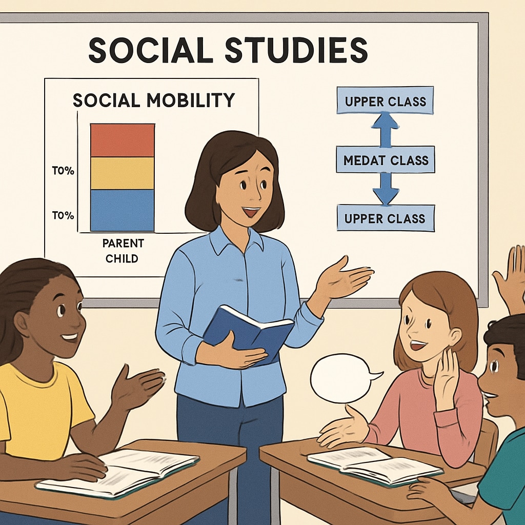 A photo of students in a classroom discussing social studies, with charts illustrating social mobility on a whiteboard. Students discussing social mobility in a classroom setting.
