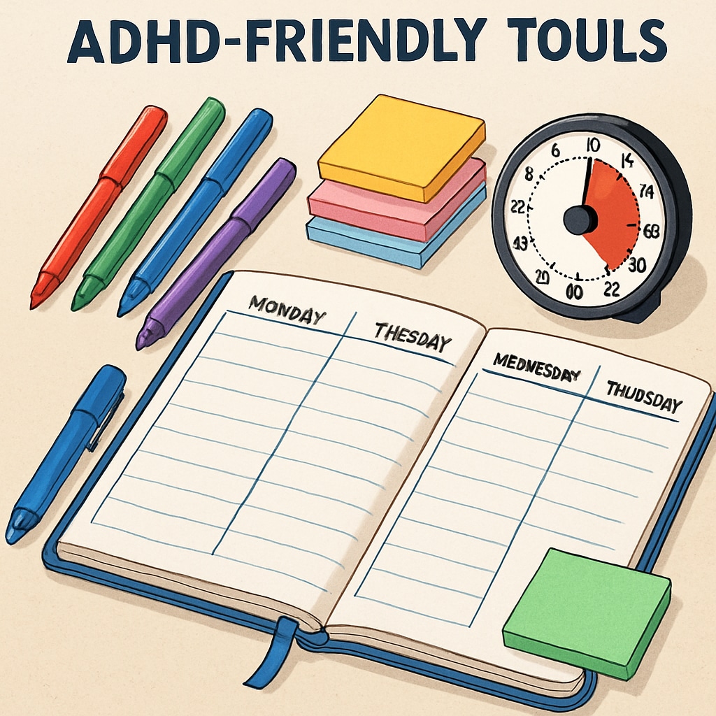 A close-up of a planner and ADHD-friendly tools like colorful markers, sticky notes, and a timer. ADHD tools like planners and sticky notes for high school credit recovery.