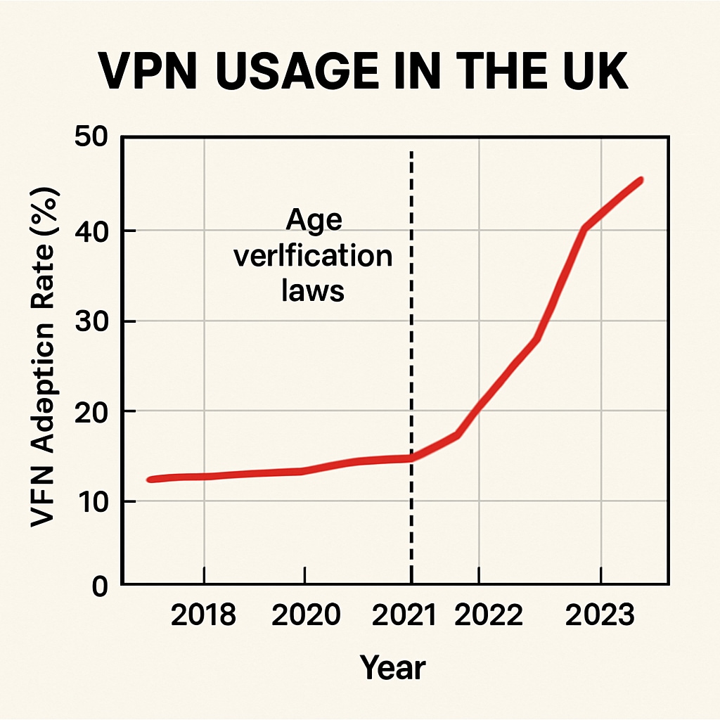 A graphical representation of VPN usage trends in the UK, showing increased adoption rates since the introduction of age verification laws. VPN usage trends in the UK, highlighting privacy concerns from age verification laws