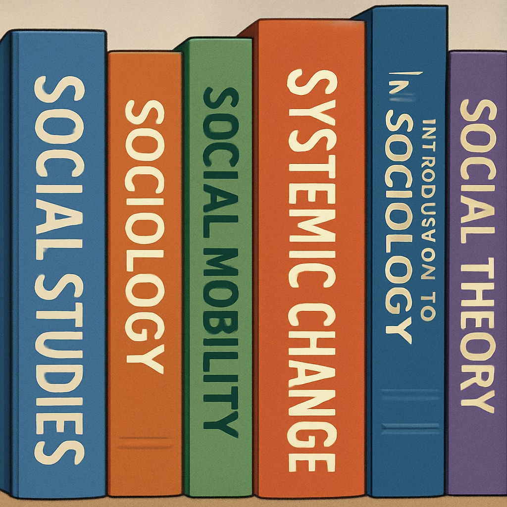 A close-up of diverse textbooks on social studies and sociology, with titles focusing on social mobility and systemic change. Textbooks related to social mobility and sociology studies.