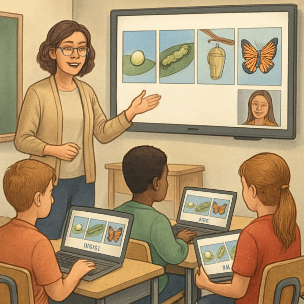 Teacher guiding students through Zoom activity sequence in K-12 classroom.