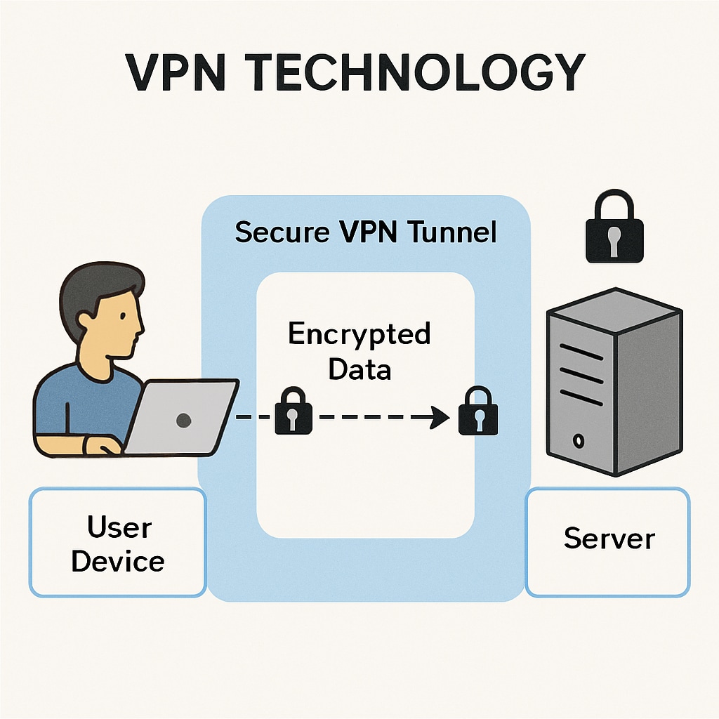 An illustrative depiction of VPN technology, showing encrypted data transmission between users and servers. VPN technology illustration with encrypted data transmission