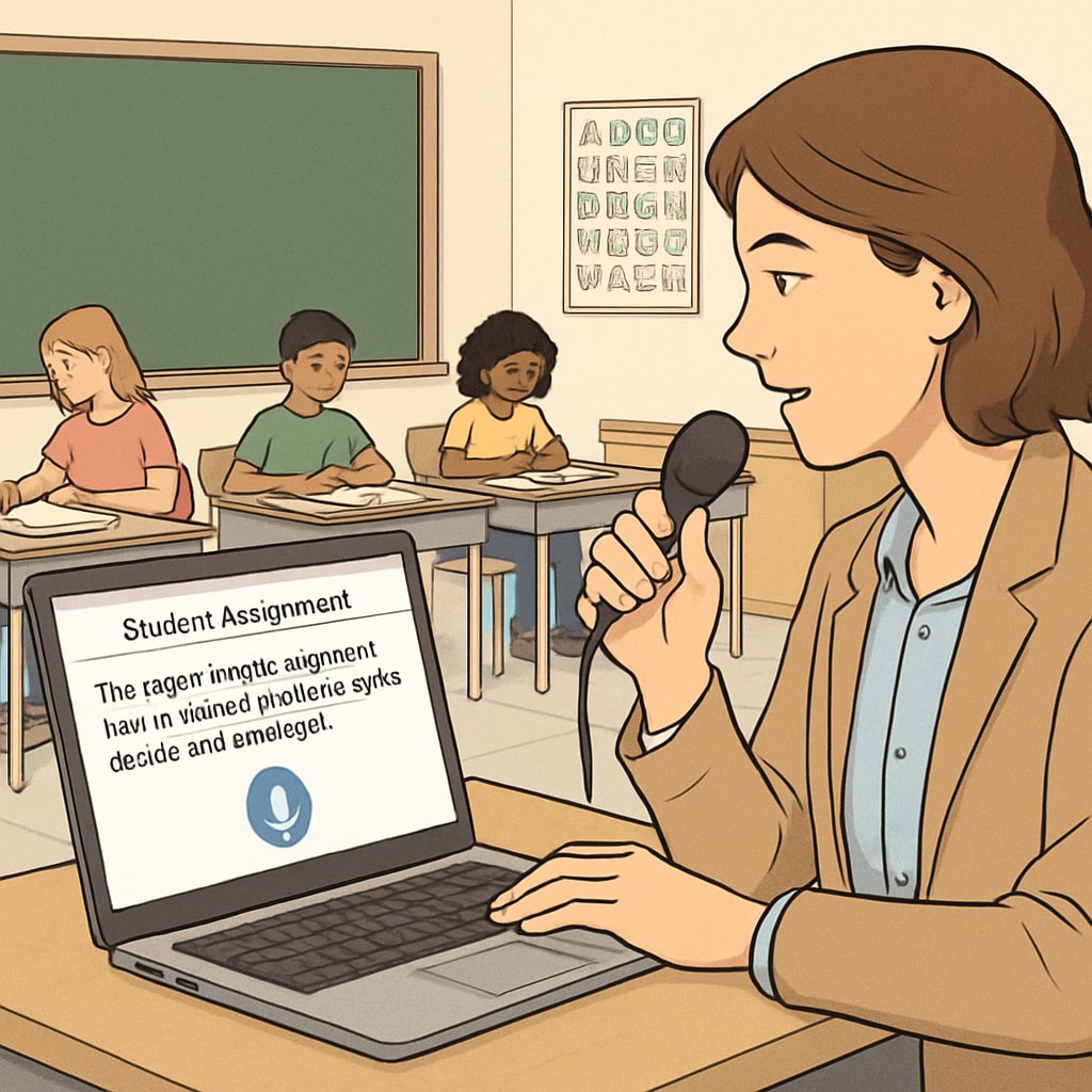 A teacher using voice recognition software like WillowVoice to dictate feedback on student assignments. The image depicts a classroom setting with a laptop displaying transcription in real-time. Teacher using voice recognition software WillowVoice to streamline feedback process.