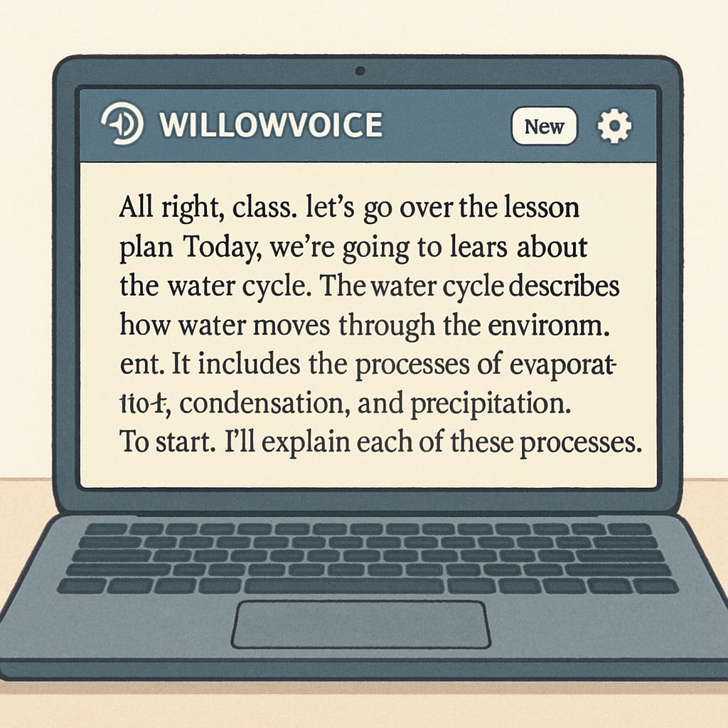 A laptop screen showing WillowVoice in action, transcribing a teacher’s voice into text format for a lesson plan. The image highlights the software interface with clear text transcription. WillowVoice software transcribing teacher input for lesson planning.