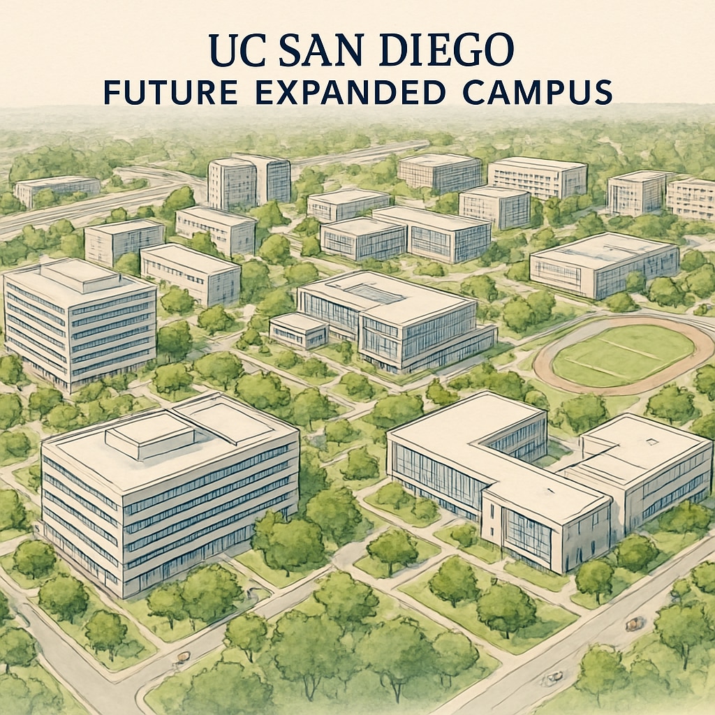 A conceptual rendering of UC San Diego's future expanded campus, showing new buildings and facilities. UC San Diego expansion plan campus rendering.