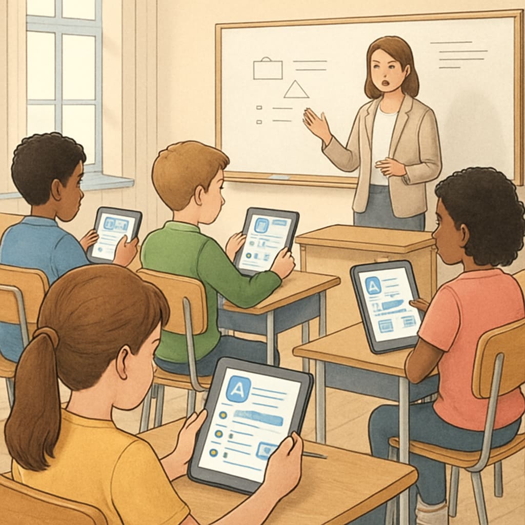 Students in a classroom using AI-driven learning software on tablets for personalized education.