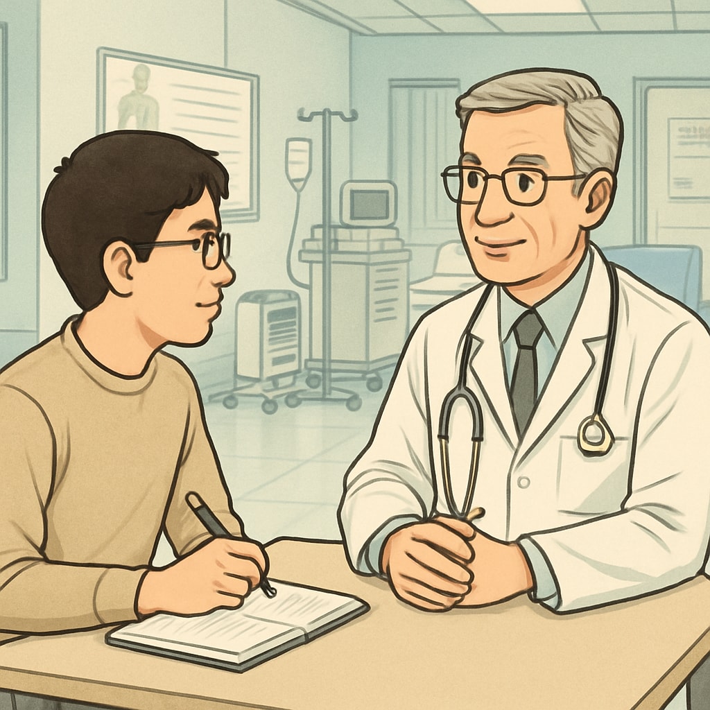 Student interviewing a doctor in a hospital for career insights.