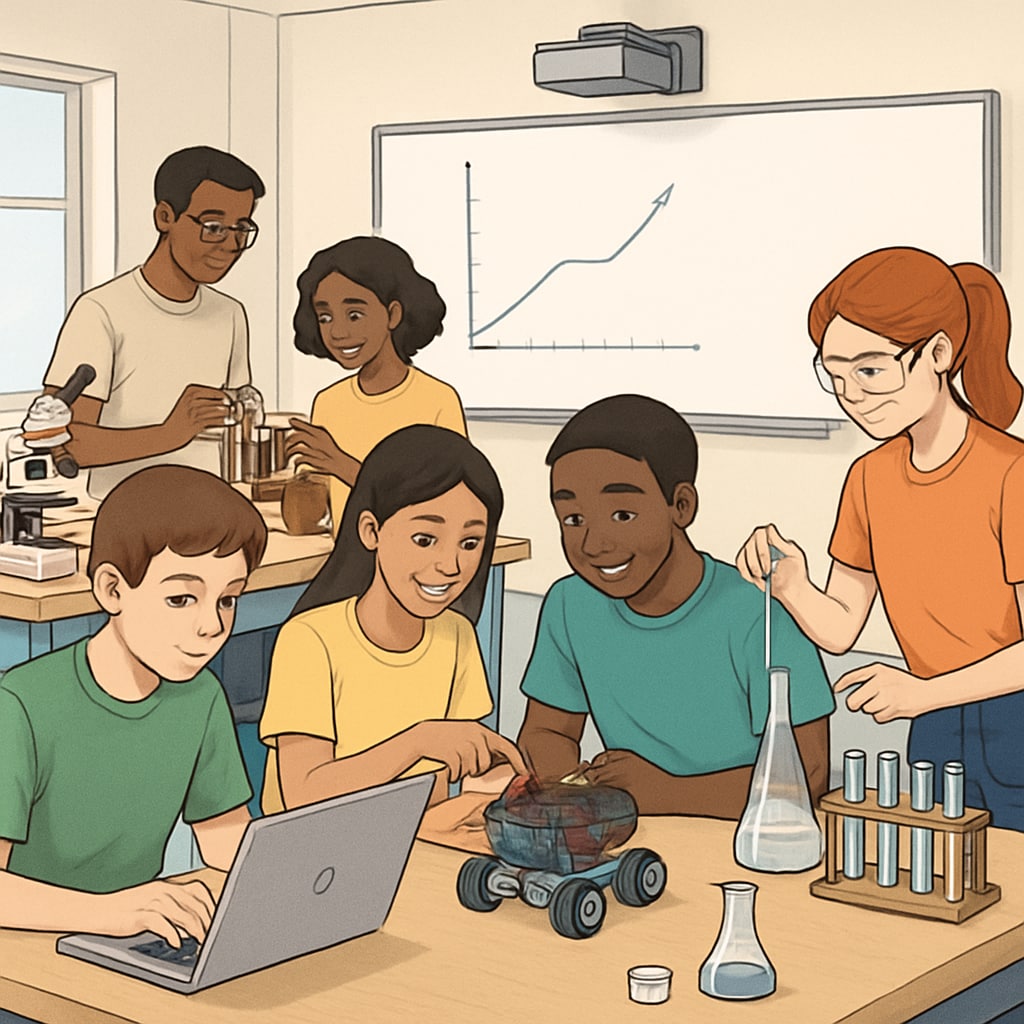 A classroom of high school students engaged in a STEM workshop, illustrating the preparation for college readiness. High school students in a STEM workshop preparing for college.