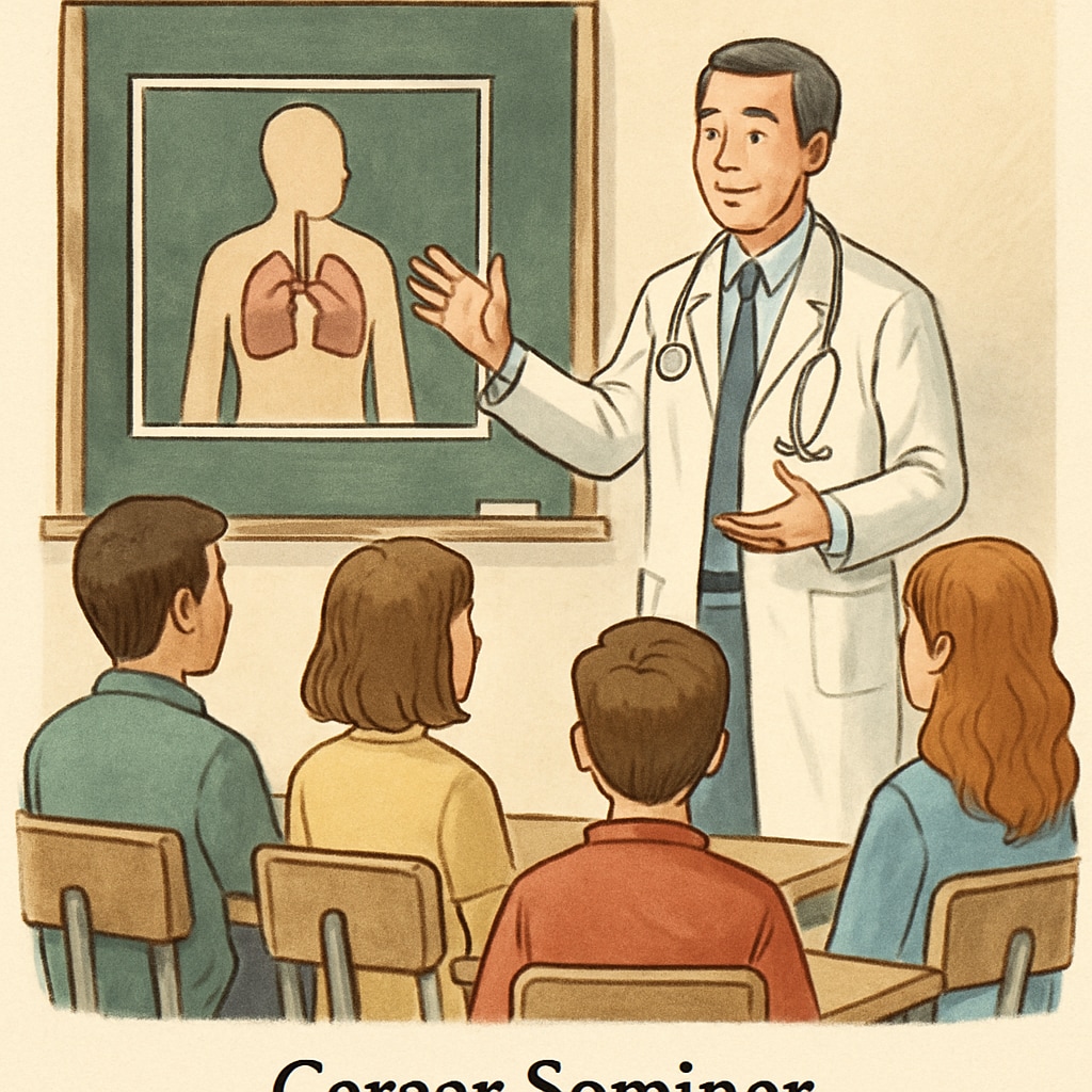 Students attending a medical career seminar to learn about healthcare professions.