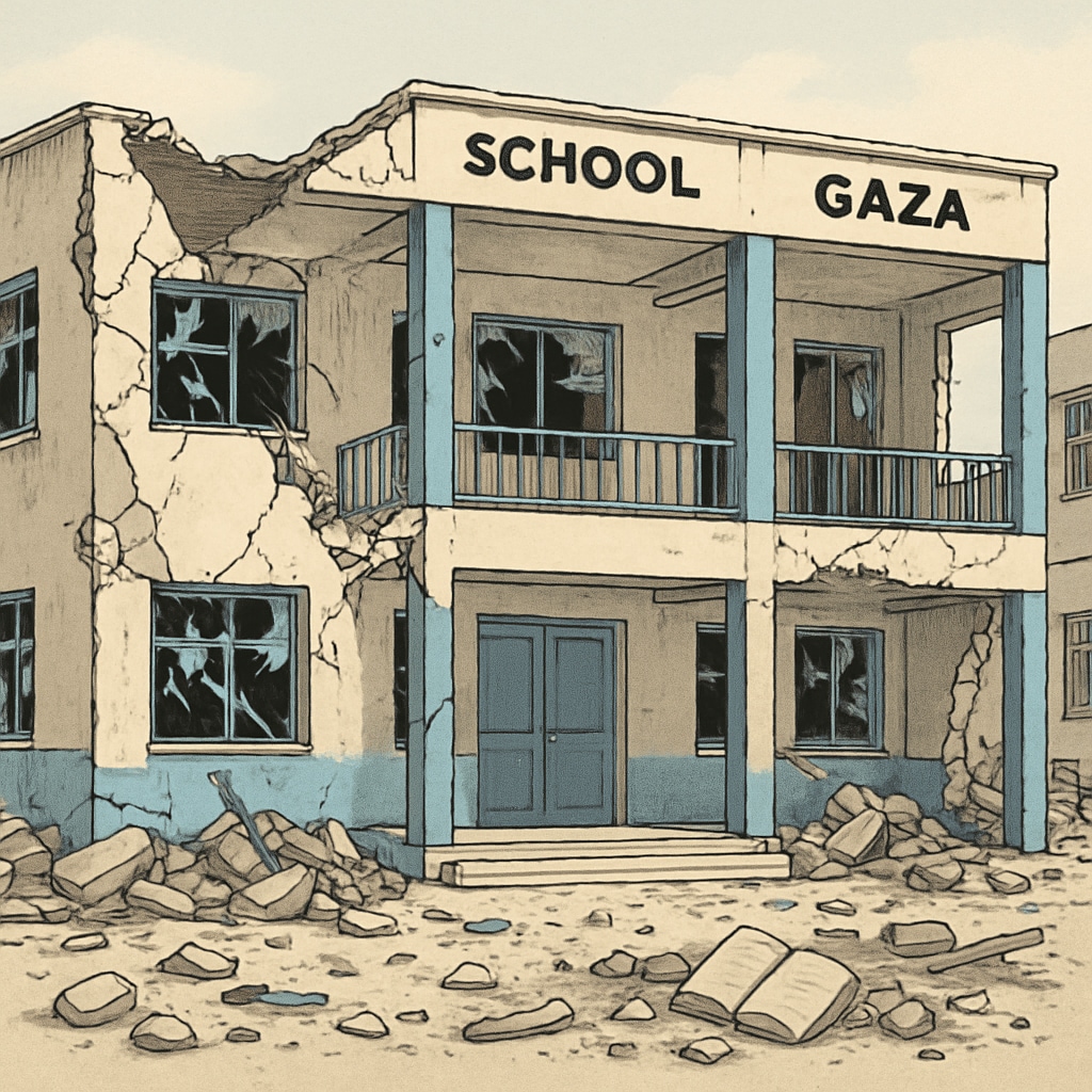 A damaged school building in Gaza, symbolizing the challenges of rebuilding education. A damaged school building in Gaza, representing the need for educational reconstruction.