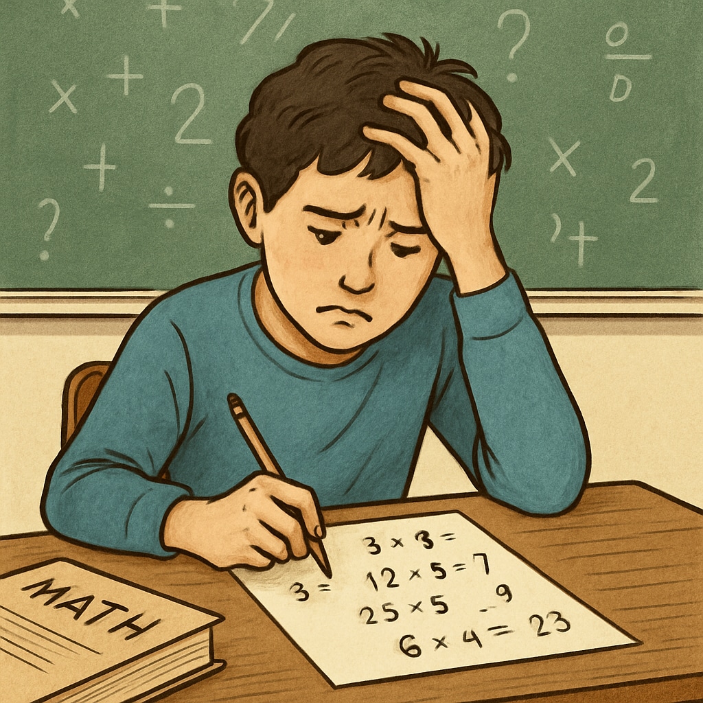A student sitting at a desk, looking stressed while solving math problems, illustrating the concept of math anxiety during exams. Math anxiety and exam stress affecting a student solving problems
