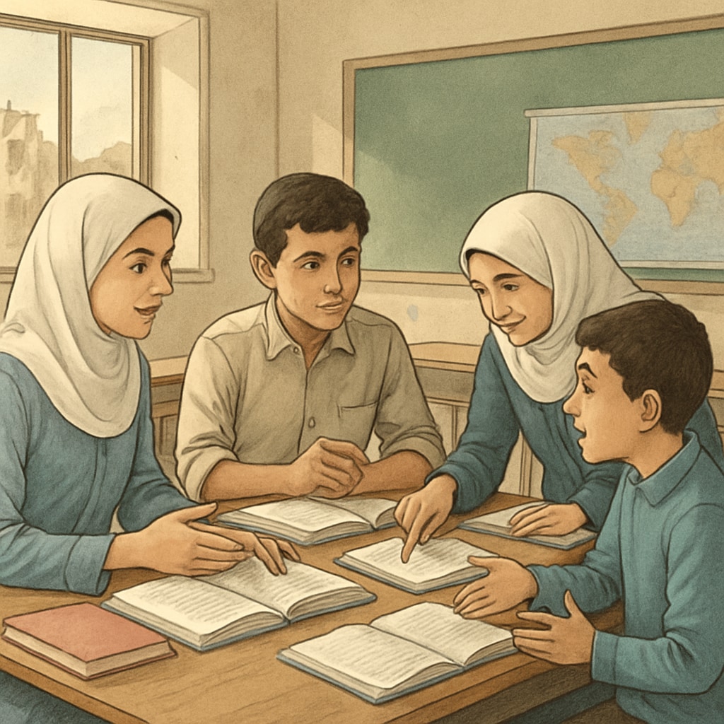 Students in a Gaza classroom engaging in a group learning activity, highlighting the importance of interactive education. Students in a Gaza classroom participating in a hands-on group activity.