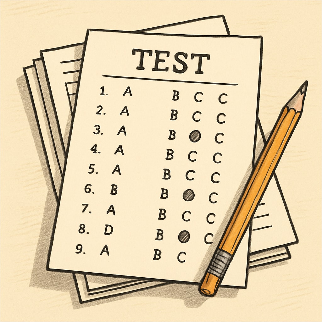 A close-up of multiple-choice test papers and a pencil, representing the stress of answering multiple-choice questions in exams. Multiple-choice test papers highlighting exam pressure